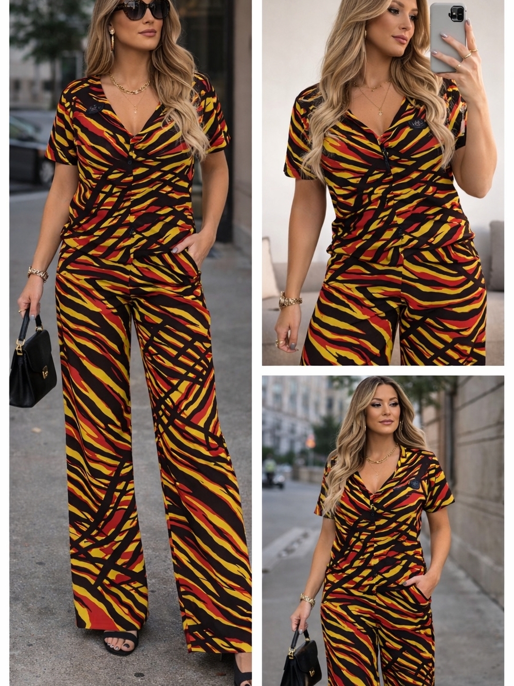 Iman 2-Piece Stylish Women's V-Neck And Wide-Leg Pants Black, Red & Yellow
